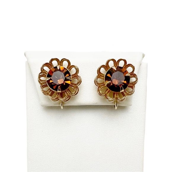 Vintage Sarah Coventry Amber Topaz Crystal Flower Goldtone Clip On Earrings - Picture 1 of 3